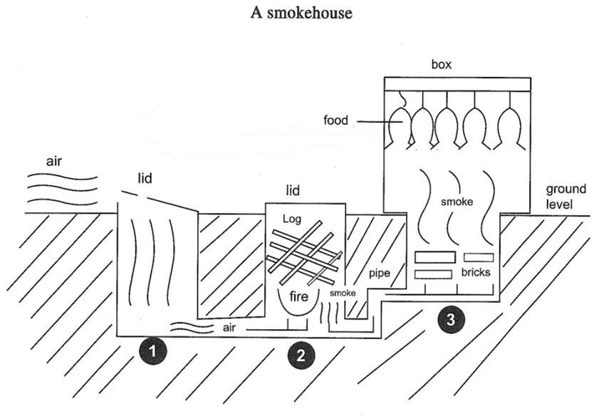 The diagram below describes the structure of a home smokery and how it works.  Summarise the information by selecting and reporting the main features, and make comparisons where relevant. Write at least 150 words. (ảnh 1)