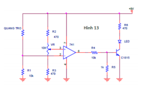 Cho mạch điện như hình, chỉnh biến trở VR tại vị trí giữa, chiếu ánh sáng vào quang trở, quang trở có giá trị bằng 1kΩ, thì:                                                               A. LED tắt vì V2>V3 B. LED sáng vì V2>V3 C. LED tắt vì V2<V3 D. LED sáng vì V2<V3 (ảnh 1)