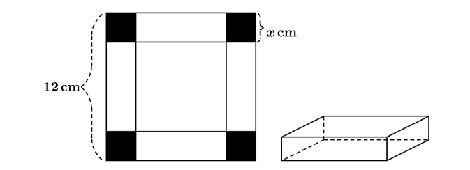 Cho một tấm nhôm hình vuông cạnh \[12\,{\rm{cm}}\], người ta cắt ở bốn góc bốn hình vuông bằng nhau (ảnh 1)