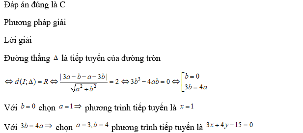 Qua B kẻ được hai tiếp tuyến với   có phương trình là:  (ảnh 1)