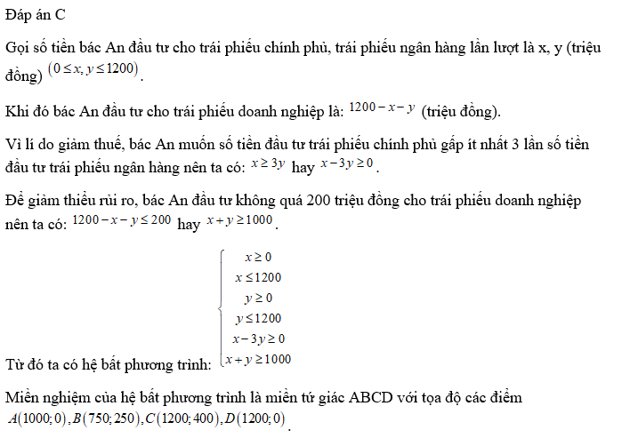 Để đạt lợi nhuận lớn nhất thì bác An sẽ đầu tư bao nhiêu tiền vào trái phiếu chính phủ (đơn vị: triệu đồng)? 	 (ảnh 1)