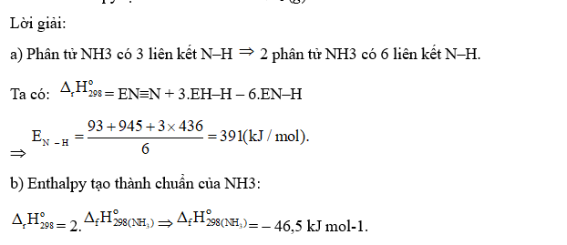 b. Tính enthalpy tạo thành chuẩn của NH3 (g). (ảnh 1)