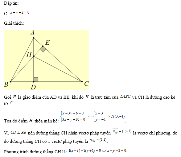 Phương trình đường cao kẻ từ   là 	 (ảnh 1)