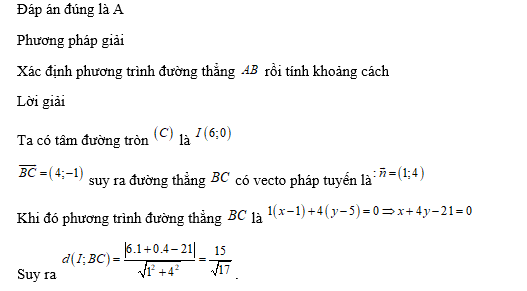 Khoảng cách từ tâm đường tròn   đến đường thẳng   là (ảnh 1)