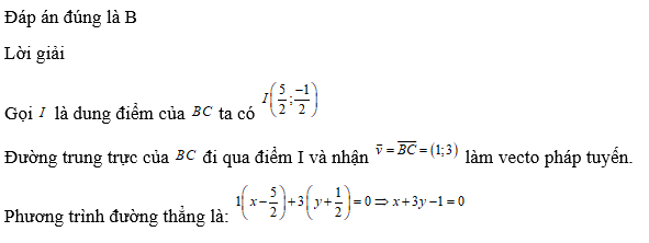 Phương trình đường trung trực của đoạn thẳng BC là: (ảnh 1)