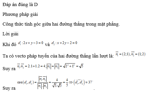 Khi  , góc giữa hai đường thẳng xấp xỉ bằng: (ảnh 1)