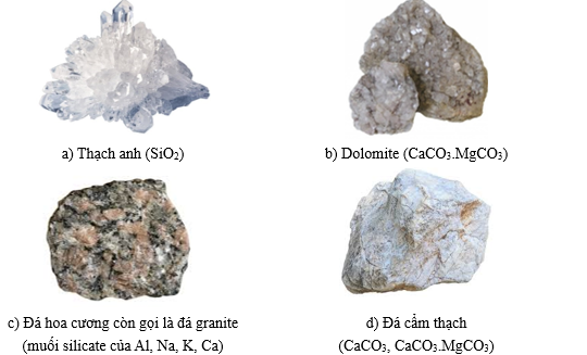 a) Các loại đá trong hình được tạo thành chủ yếu từ các nguyên tố hóa học nào? (ảnh 1)