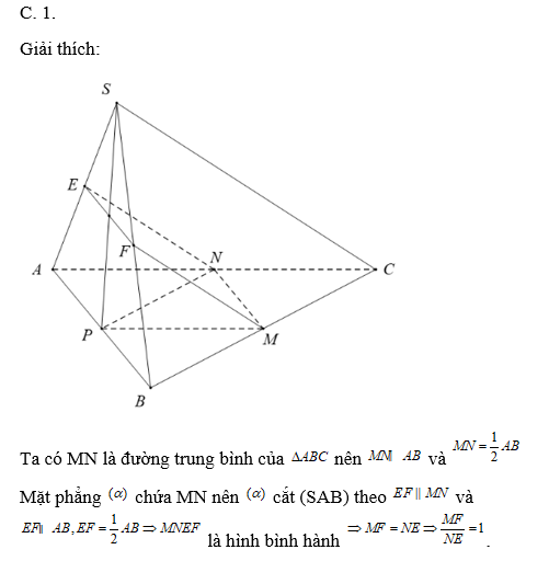 Mặt phẳng   chứa MN và đi qua trung điểm của SP, cắt SA, SB lần lượt tại   và  . Tỉ số   bằng  (ảnh 1)