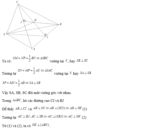Gọi   là trực tâm của  . Góc tạo bởi SH với   có số đo bằng 	 (ảnh 1)