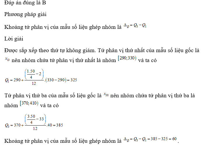 Tìm khoảng tứ phân vị của mẫu số liệu ghép nhóm trên. 	 (ảnh 1)