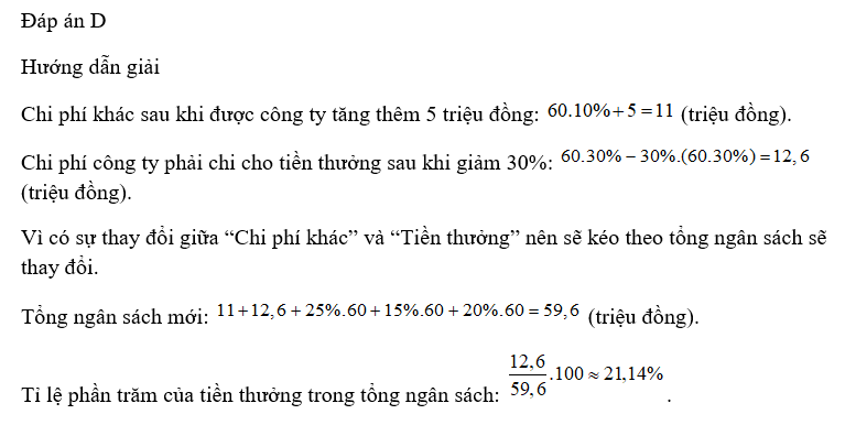 Nếu công ty tăng thêm 5 triệu đồng cho “Chi phí khác”, và giảm 30% tiền thưởng, thì tỉ lệ phần trăm của tiền thưởng trong tổng ngân sách là bao nhiêu? 	 (ảnh 1)