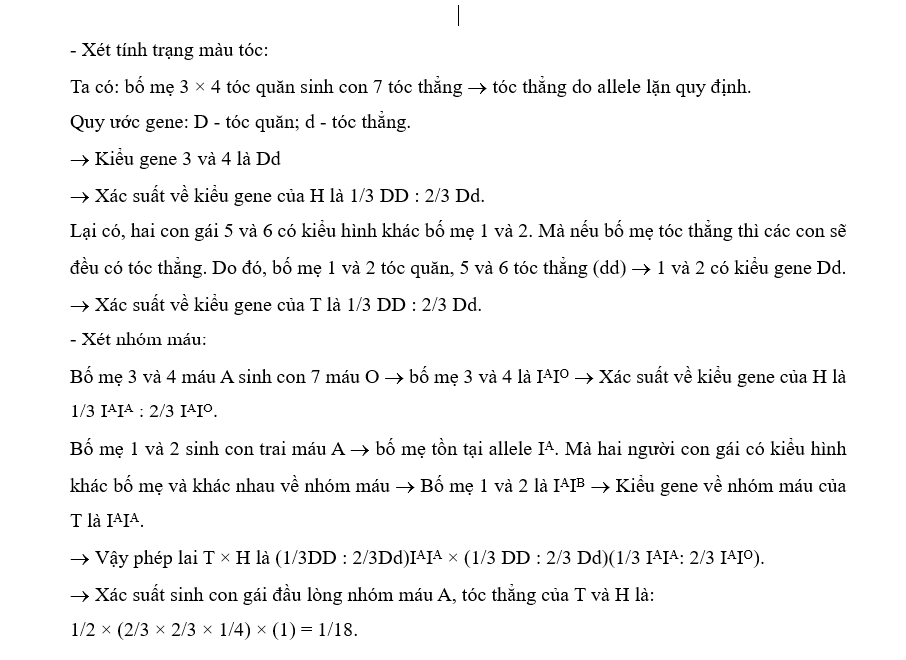 Theo lí thuyết, xác suất sinh con đầu lòng là con gái có nhóm máu A, tóc thẳng của T và H là bao nhiêu? (ảnh 2)