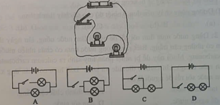 Trong hình bên trên là sơ đồ thực tế, bên dưới là các sơ đồ nguyên lí A, B, C và D. Sơ đồ nguyên lí nào tương ứng với sơ đồ thực tế? (ảnh 1)