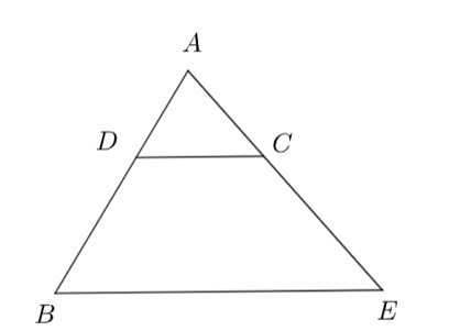 Cho tam giác \(ABC\) có \(DE\parallel BC\). Khẳng định nào sau đây là sai? (ảnh 1)