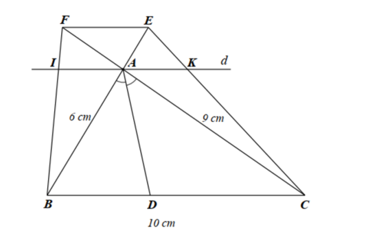 Cho tam giác ABC  có đường phân giác AD, biết AB = 6cm , BC = 10 cm , AC= 9 cm .   Trên tia đối của tia AB , AC  lần lượt lấy các điểm E,F   (ảnh 1)