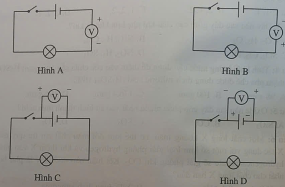 Trong các mạch điện sau, mạch điện nào mắc đúng khi dùng vôn kế để đo hiệu điện thế của nguồn? (ảnh 1)