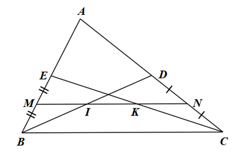 Cho tam giác ABC có các đường trung tuyến BD , CE . Gọi M ,N  theo thứ tự là trung điểm của BE , CD . (ảnh 1)