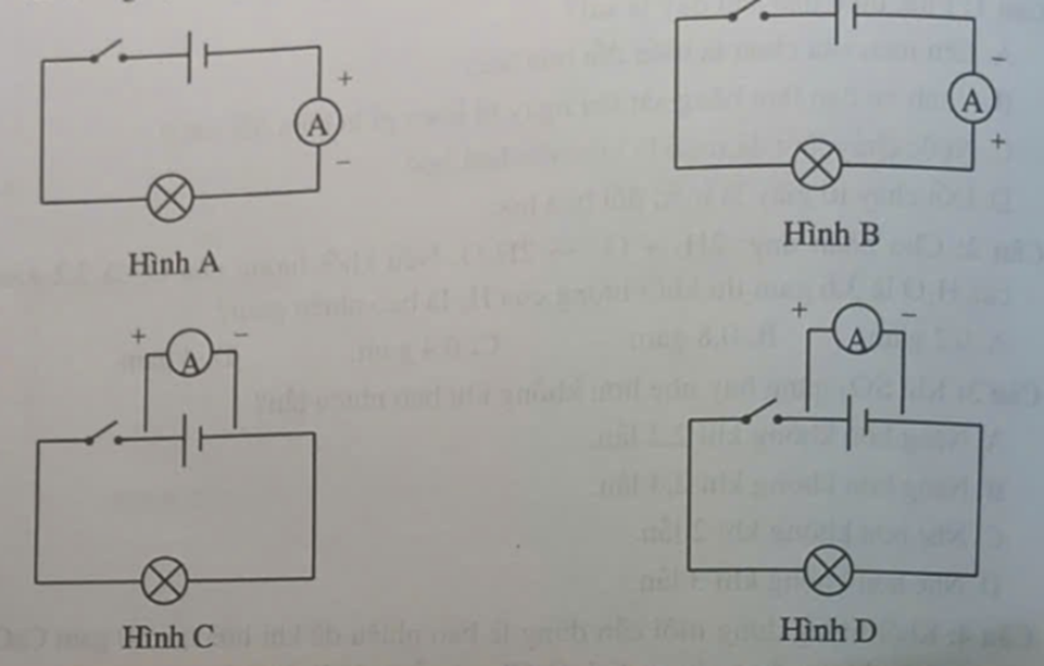 Trong các mạch điện sau, mạch điện nào mắc đúng khi dùng ampe đo cường độ dòng điện trong mạch? (ảnh 1)