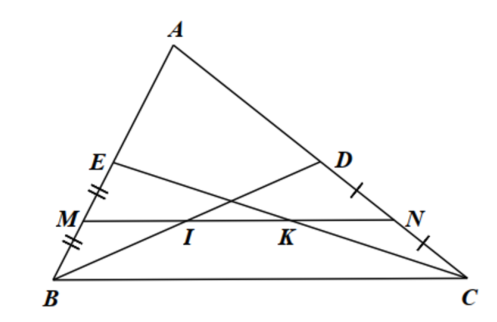 Cho \(\Delta ABC\) có các đường trung tuyến \(BD,CE\). Gọi \(M,N\) theo thứ tự là trung điểm của \(BE,CD\). (ảnh 1)