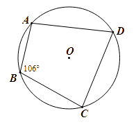 Cho tứ giác ABCD nội tiếp đường tròn (O) biết góc ABC = 106 độ (ảnh 1)