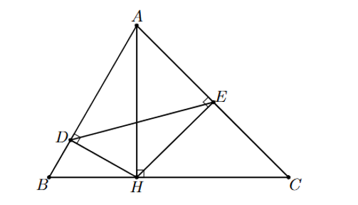 Cho tam giác BAC nhọn (AB < AC) , đường cao AH  . Gọi D,E  lần lượt là hình chiếu của H  (ảnh 1)