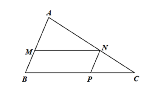 Cho hình vẽ bên, biết \(MN\parallel BC,NP\parallel AB\).  Khẳng định nào sau đây là sai? (ảnh 1)