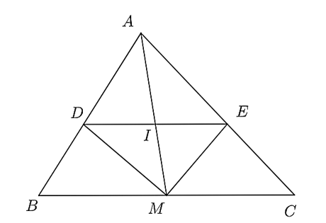 Cho tam giác ABC có đường trung tuyến AM , đường phân giác của góc AMB  cắt  AB ở D (ảnh 1)