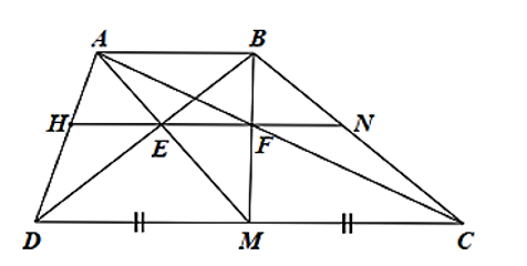 Cho hình thang \(ABCD\) có hai đáy \(AB\) và \(CD\). Gọi \(M\) là trung điểm của \(CD\), \(E\) là giao điểm (ảnh 1)