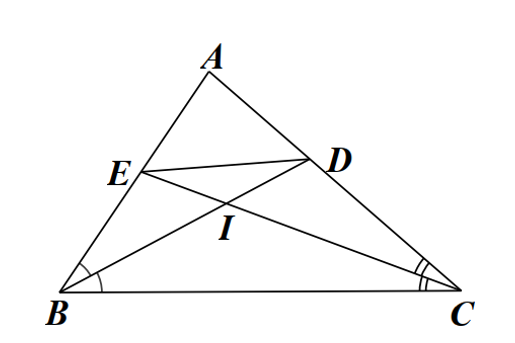 Cho tam giác ABC có AB= 4cm , AC = 5cm, BC = 6 cm  . Các đường phân giác BD và CE  cắt nhau tại  I. (ảnh 1)