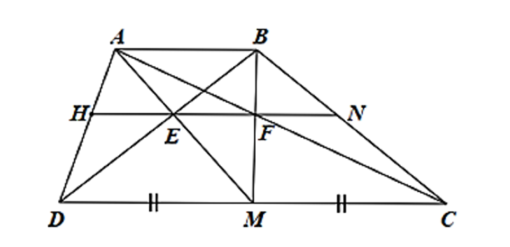 Cho hình thang \(ABCD\) có hai đáy \(AB\) và \(CD\). Gọi \(M\) là trung điểm của \(CD\), \(E\) là giao điểm (ảnh 1)