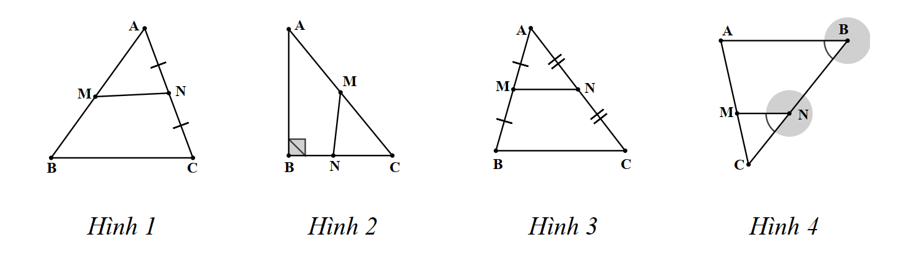 Cho các hình vẽ:   Đoạn thẳng \(MN\) là đường trung bình của tam giác \(ABC\) trong hình vẽ nào?  (ảnh 1)