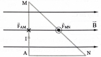  Một đoạn dây được uốn gập thành khung dây có dạng tam giác AMN vuông góc tại A. Đặt khung dây vào một từ trường đều có các vectơ cảm ứng từ nằm trong mặt phẳng ngang, có chiều từ trái qua phải như hình vẽ. Coi khung dây nằm cố định trong mặt phẳng hình vẽ và AM = 8 cm, AN = 6 cm, B = 3.10-3T, I = 5 A. Lực từ tác dụng lên cạnh MN có đặc điểm như thế nào? (ảnh 2)