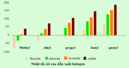  Biểu đồ dưới đây biểu diễn nhiệt độ sôi (°C) của một số loại dẫn xuất halogen:  a. Trong điều kiện thường (25 °C, 1 bar) CH3F ở thể khí.  b. Với các dẫn xuất cùng loại halogen, nhiệt độ sôi tăng dần từ gốc methyl đến pentyl.  c. Với các dẫn xuất halogen cùng gốc alkyl, nhiệt độ sôi tăng từ dẫn xuất fluorine đến dẫn xuất iodine.  d. Trong dẫn xuất halogen, tương tác van der Waals càng lớn thì nhiệt độ sôi càng nhỏ. (ảnh 1)