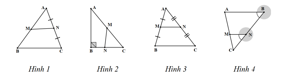 Cho các hình vẽ:   Đoạn thẳng \(MN\) là đường trung bình của tam giác \(ABC\) trong hình vẽ nào? (ảnh 1)