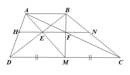 Cho hình thang \(ABCD\) có hai đáy \(AB\) và \(CD.\) Gọi \(M\) là trung điểm của \(CD,\) \(E\) là giao điểm của (ảnh 1)