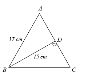 Cho \(\Delta ABC\) cân tại \(A\) có \(AB = AC = 17{\rm{ cm}}\). Kẻ \(BD \bot AC\). Tính độ dài cạnh \(BC\) biết \(BD = 15{\rm{ cm}}.\) (ảnh 1)