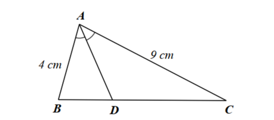 Cho tam giác ABC có AB = 4 cm , AC = 9 cm . Gọi AD là tia phân giác của BAC . (ảnh 1)