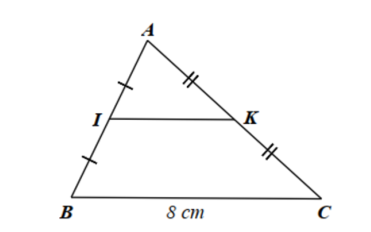 Cho tam giác ABC có I , K lần lượt là trung điểm của AB , AC. Biết BC = 8 cm  (ảnh 1)