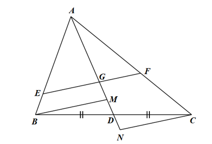 Cho tam giác ABC có AD là trung tuyến, trọng tâm G , đường thẳng đi qua G cắt các cạnh AB,A C  lần lượt tại E,F . (ảnh 1)