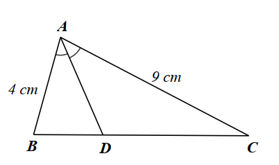 Cho \(\Delta ABC\) có \(AB = 4{\rm{ cm;}}\) \(AC = 9{\rm{ cm}}{\rm{.}}\) Gọi \(AD\) là tia phân giác của \(\widehat {BAC}\). Tỉ số \(\frac{{CD}}{{BD}}\) bằng A. \(\frac{4}{9}.\)	B. \(\frac{9}{4}.\)	C. \(\frac{4}{5}.\)	D. \(\frac{5}{4}.\) (ảnh 1)