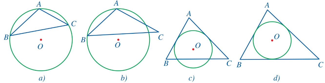 Trong các hình dưới đây, đường tròn   ở hình nào là đường tròn nội tiếp tam giác   (ảnh 1)