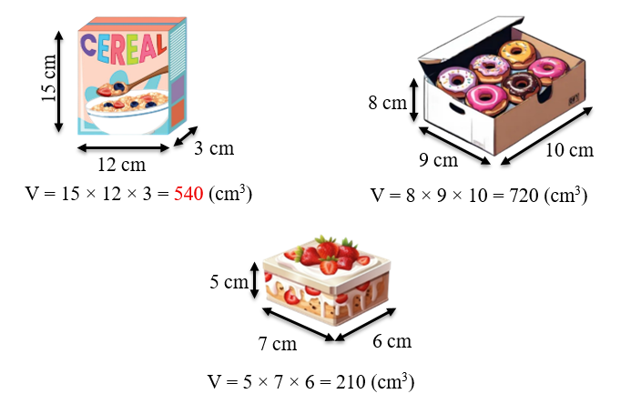 Em hãy tính thể tích của mỗi hình hộp chữ nhật có kích thước như hình vẽ dưới đây. (ảnh 2)