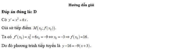 Viết phương trình tiếp tuyến với đồ thị (C)  biết tiếp tuyến có hệ số góc k=-9 . (ảnh 1)