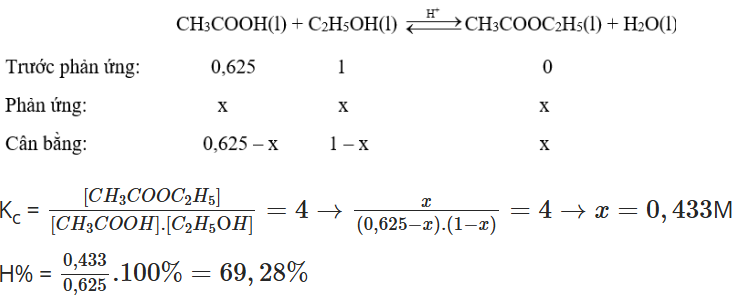 c) Ban đầu, nếu cho 0,625 mol acetic acid tác dụng với 1 mol ethanol thì khi đạt đến trạng thái cân bằng, hiệu suất phản ứng ester hóa là 75%. (ảnh 1)