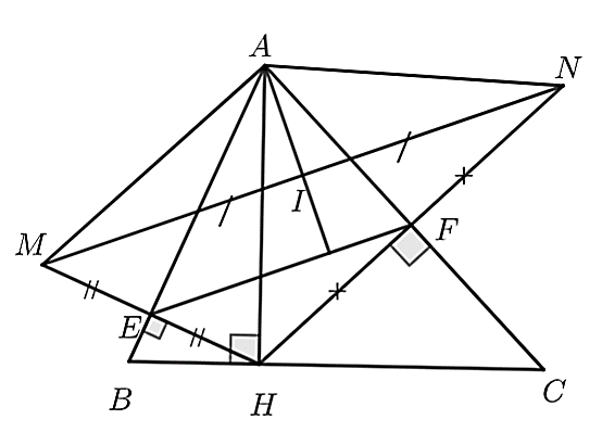 a) \(AB\) là trung trực của \(NH.\) (ảnh 1)