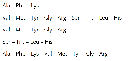 Thủy phân peptide sau: Ala−Phe−Lys−Val−Met−Tyr−Gly−Arg−Ser−Trp−Leu−His bằng enzyme trypsin thu được tối đa bao nhiêu peptide có mạch ngắn hơn? (ảnh 1)