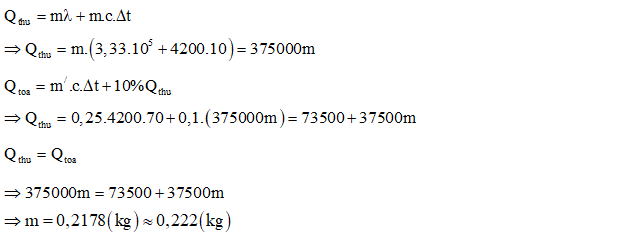 Nhiệt dung riêng của nước là 4,20 kJ/kg0C; nhiệt nóng chảy của nước đá là 3,33.105 J/Kg. Tính m (Theo đơn vị kg. Lấy 2 chữ số ở phần thập phân). (ảnh 2)