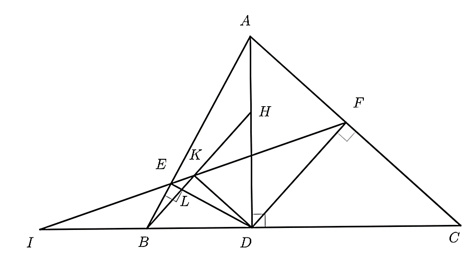 a) Chứng minh \(AE.AB = A{D^2} = AF.AC\) và \(\widehat {AFE} = \widehat {ABC}\). (ảnh 1)