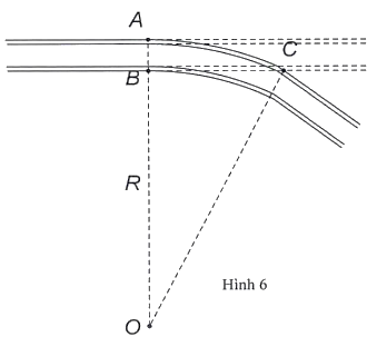 Hãy tính bán kính \(R = OA\) của đoạn đường ray hình vòng cung. (Tính bằng đơn vị: \(m,\) làm tròn đến hàng đơn vị). (ảnh 1)