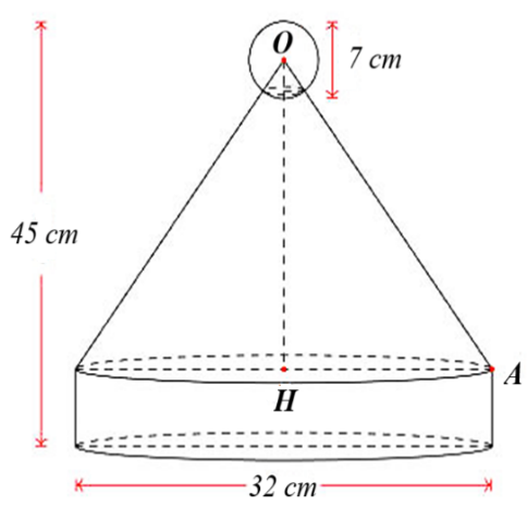 Tính tổng diện tích phần vải để may nón, biết rằng chiều cao của đế nón bằng đường kính của quả bóng (kết quả làm tròn đến hàng đơn vị với đơn vị  (ảnh 1)